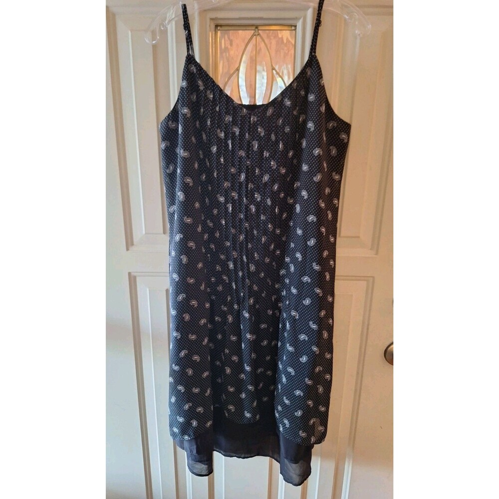 Gap Women's L Black Paisley Pintuck Midi Tank Dress V-Neck Flowy Casual Pleats
